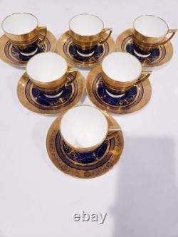 6 Minton H3965 Pattern Cobalt & Gold Encrusted Demitasse Cups & Saucers