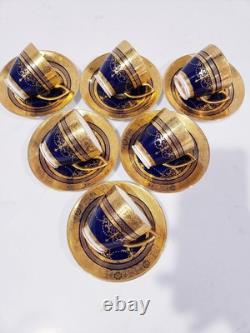 6 Minton H3965 Pattern Cobalt & Gold Encrusted Demitasse Cups & Saucers