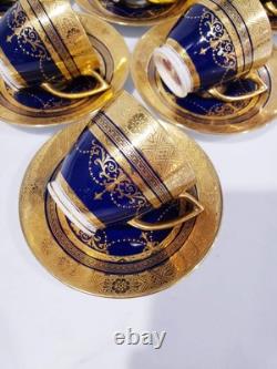 6 Minton H3965 Pattern Cobalt & Gold Encrusted Demitasse Cups & Saucers