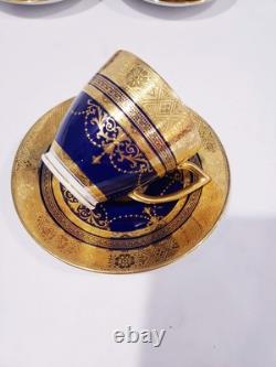 6 Minton H3965 Pattern Cobalt & Gold Encrusted Demitasse Cups & Saucers