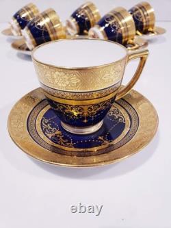 6 Minton H3965 Pattern Cobalt & Gold Encrusted Demitasse Cups & Saucers
