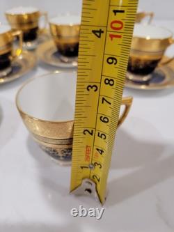 6 Minton H3965 Pattern Cobalt & Gold Encrusted Demitasse Cups & Saucers