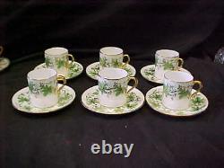 6 SHELLEY DEMITASSE CUPS & SAUCERS GREEN VINE PATTERN w GOLD TRIM