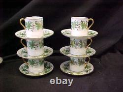 6 SHELLEY DEMITASSE CUPS & SAUCERS GREEN VINE PATTERN w GOLD TRIM