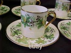 6 SHELLEY DEMITASSE CUPS & SAUCERS GREEN VINE PATTERN w GOLD TRIM