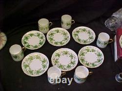 6 SHELLEY DEMITASSE CUPS & SAUCERS GREEN VINE PATTERN w GOLD TRIM