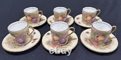 (6) Sets Aynsley Bone China Orchard Gold Fruit Demitasse Cup and Saucers England