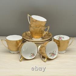 6 Sets MINTON Gold Brocade DEMITASSE CUPS & SAUCERS Minty MARLOW FLORAL VTG 60s
