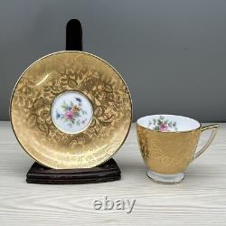 6 Sets MINTON Gold Brocade DEMITASSE CUPS & SAUCERS Minty MARLOW FLORAL VTG 60s