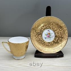 6 Sets MINTON Gold Brocade DEMITASSE CUPS & SAUCERS Minty MARLOW FLORAL VTG 60s