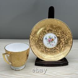 6 Sets MINTON Gold Brocade DEMITASSE CUPS & SAUCERS Minty MARLOW FLORAL VTG 60s