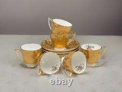 6 Sets MINTON Gold Brocade DEMITASSE CUPS & SAUCERS Minty MARLOW FLORAL VTG 60s