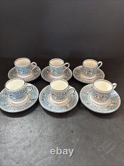 6 Sets Wedgwood Florentine Turquoise Demitasse Cups & Saucers With Black Rims