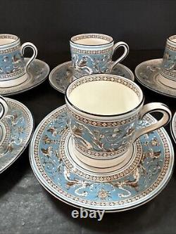 6 Sets Wedgwood Florentine Turquoise Demitasse Cups & Saucers With Black Rims