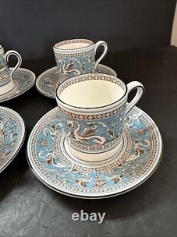 6 Sets Wedgwood Florentine Turquoise Demitasse Cups & Saucers With Black Rims