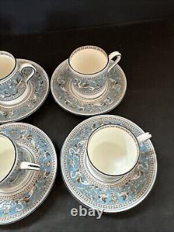 6 Sets Wedgwood Florentine Turquoise Demitasse Cups & Saucers With Black Rims