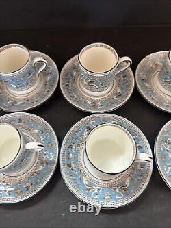 6 Sets Wedgwood Florentine Turquoise Demitasse Cups & Saucers With Black Rims