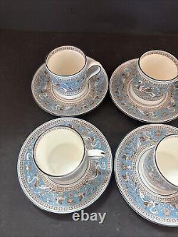 6 Sets Wedgwood Florentine Turquoise Demitasse Cups & Saucers With Black Rims