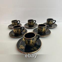 6 Vintage Dagounis Demitasse Black and Gold Espresso Cup and Saucer Set