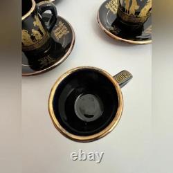 6 Vintage Dagounis Demitasse Black and Gold Espresso Cup and Saucer Set