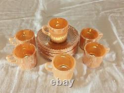 6 Vtg MCM Fire King Anchor Hocking Peach Luster Swirl Demitasse Cups And Saucers