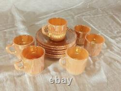 6 Vtg MCM Fire King Anchor Hocking Peach Luster Swirl Demitasse Cups And Saucers