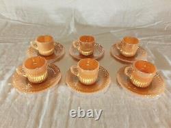 6 Vtg MCM Fire King Anchor Hocking Peach Luster Swirl Demitasse Cups And Saucers