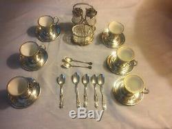 6 Webster Co Sterling Silver Demitasse German Tea Cups, Saucers, Spoons. S+P Set