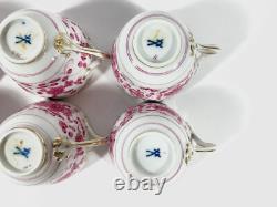 6x Meissen Indian Flower Pink Demitasse Coffee Cups & Saucers Set