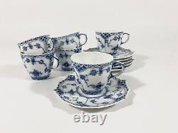 6x Royal Copenhagen Blue Fluted Full Lace 1038 Demitasse Coffee Cups & Saucers