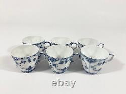 6x Royal Copenhagen Blue Fluted Full Lace 1038 Demitasse Coffee Cups & Saucers