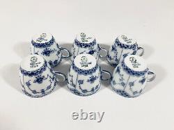 6x Royal Copenhagen Blue Fluted Full Lace 1038 Demitasse Coffee Cups & Saucers