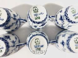 6x Royal Copenhagen Blue Fluted Full Lace 1038 Demitasse Coffee Cups & Saucers