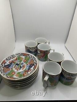 6x Vintage Andrea by Sadek Porcelain Imari Demitasse Cups And Matching Saucers