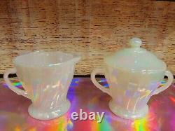 7 Fire King Aurora Swirl Creamer, Sugar Bowl, Full/ Demitasse Tea Cups/ Saucers