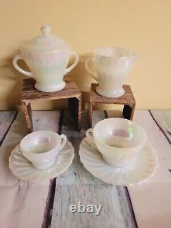 7 Fire King Aurora Swirl Creamer, Sugar Bowl, Full/ Demitasse Tea Cups/ Saucers