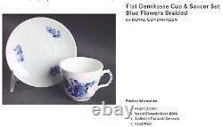 7 -Flat Demitasse Cup & Saucer Set Blue Flowers Braided by ROYAL COPENHAGEN