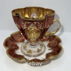 7 Moser Cranberry Glass Demitasse Cups and Saucers