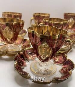 7 Moser Cranberry Glass Demitasse Cups and Saucers