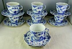 7 Royal Copenhagen Blue Fluted Full Lace 1038 Demitasse Cup & Saucer Sets 1st Qu
