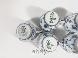 7x Royal Copenhagen Blue Fluted Half 528 Demitasse Mocha Cups & Saucers