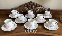 (8) Antique Demitasse Cups Saucers Lanternier Limoges France Pink Trees Fluted