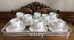 (8) Antique Demitasse Cups Saucers Lanternier Limoges France Pink Trees Fluted