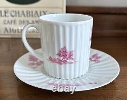 (8) Antique Demitasse Cups Saucers Lanternier Limoges France Pink Trees Fluted