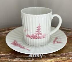 (8) Antique Demitasse Cups Saucers Lanternier Limoges France Pink Trees Fluted