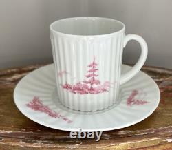 (8) Antique Demitasse Cups Saucers Lanternier Limoges France Pink Trees Fluted