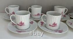 (8) Antique Demitasse Cups Saucers Lanternier Limoges France Pink Trees Fluted