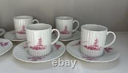 (8) Antique Demitasse Cups Saucers Lanternier Limoges France Pink Trees Fluted