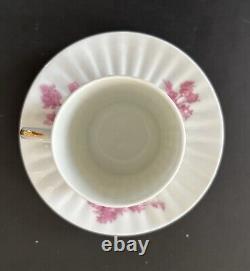 (8) Antique Demitasse Cups Saucers Lanternier Limoges France Pink Trees Fluted