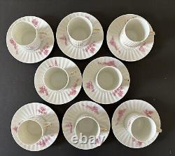 (8) Antique Demitasse Cups Saucers Lanternier Limoges France Pink Trees Fluted